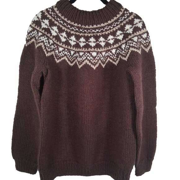 Wool Chunky Hand Knit Fair Isle Sweater Brown Tan Warm Cozy Cabincore Ski Chalet - Picture 1 of 11